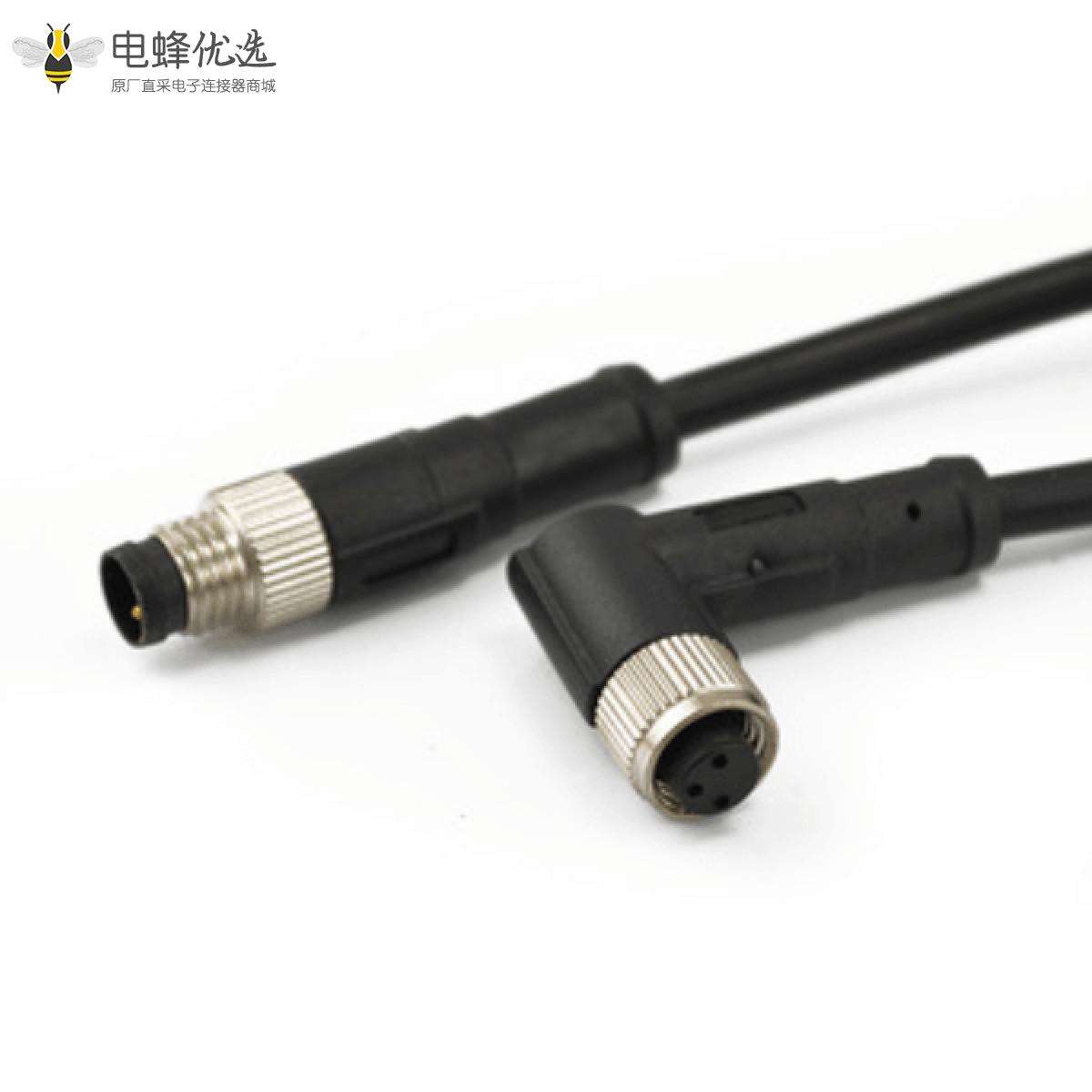 M8公转母注塑线材连接器直式3芯公头转3芯弯头母头A型M8插头连线1米26AWG/24AWG