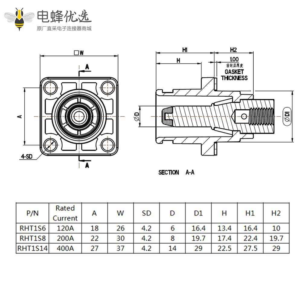 储能高压连接器弯式插头和插座12mm红色IP65 300A大电流连接器