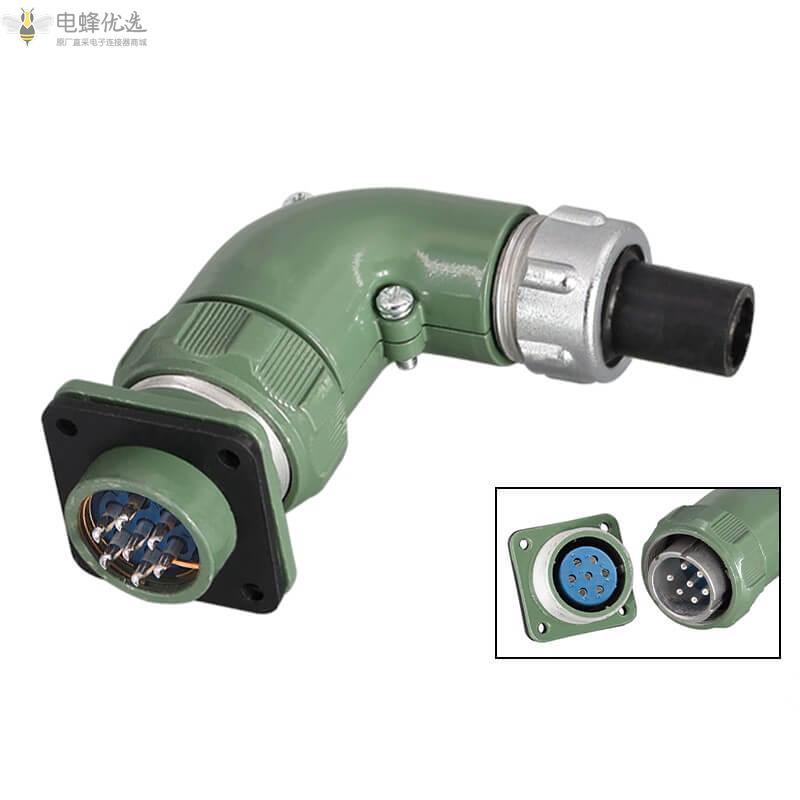 法兰型25A500V航空连接器YD28弯式7芯反装TS+Z母插座公插头带胶套