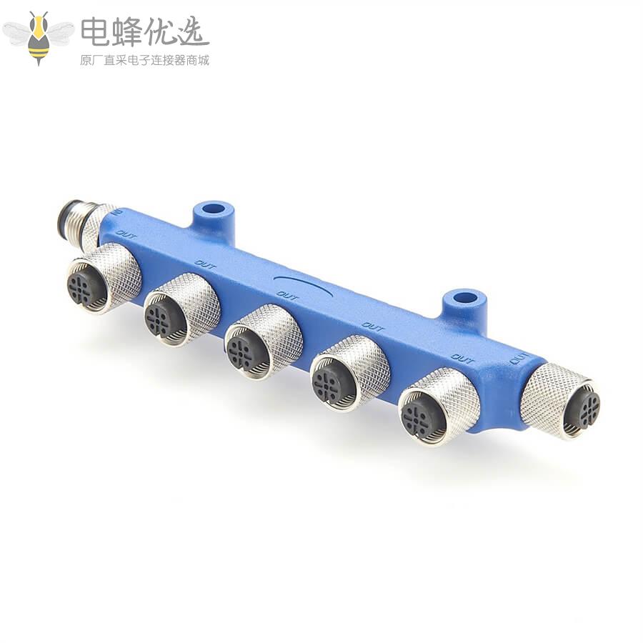 船用级产品NMEA_2000五通多端口T形低损耗连接器6个M12母头5芯转5芯公头